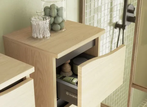 Offener Badezimmerschrank der Serie Sinea 3.0 mit offener, geschwungener Schublade und Eiche-Dekor-Baumwolle-Front.