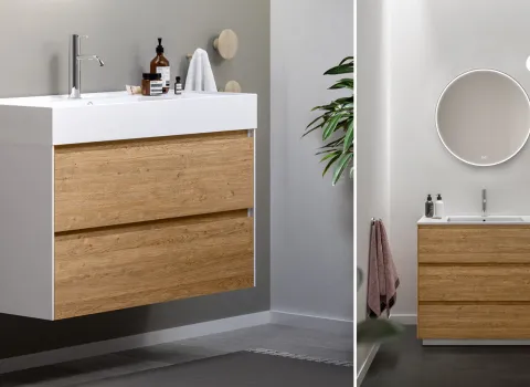 Moderner Waschtisch mit Holzfront und weißem Aufsatzbecken sowie runder LED-Spiegelbeleuchtung in minimalistischer Badgestaltung von Stocco.
