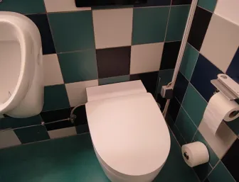 Modernes WC mit weißer Toilette, farbig gefliester Wand in Blau- und Grüntönen sowie sichtbarem Spülkasten und Toilettenpapierhalter.
