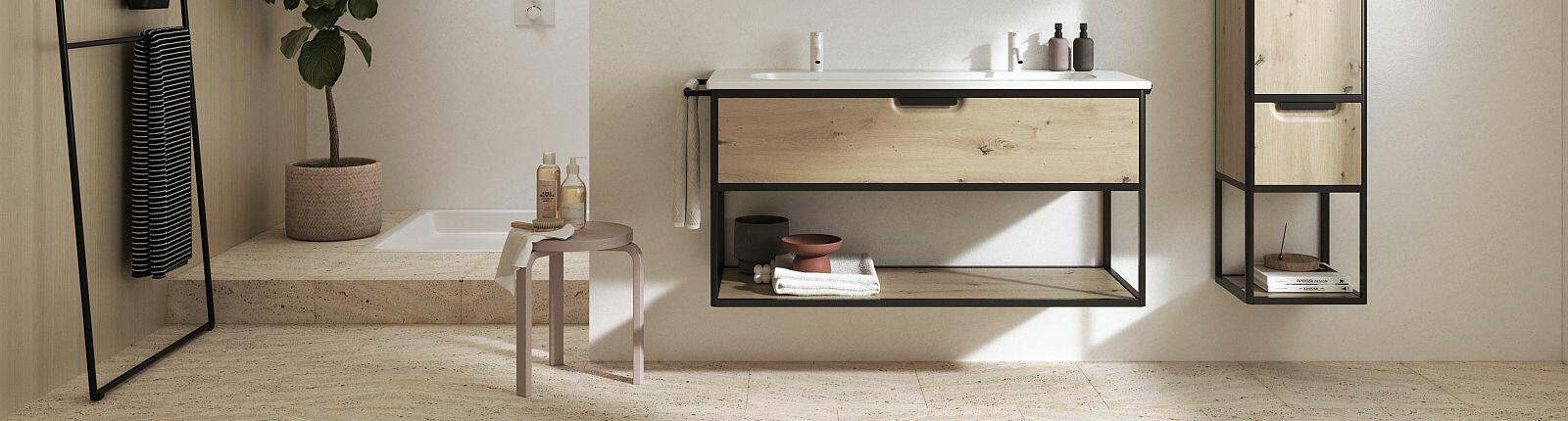 Halboffener Waschtisch und Hängeschrank mit charakterisitshcen Alurahmen-Design der Serie vry von burgbad